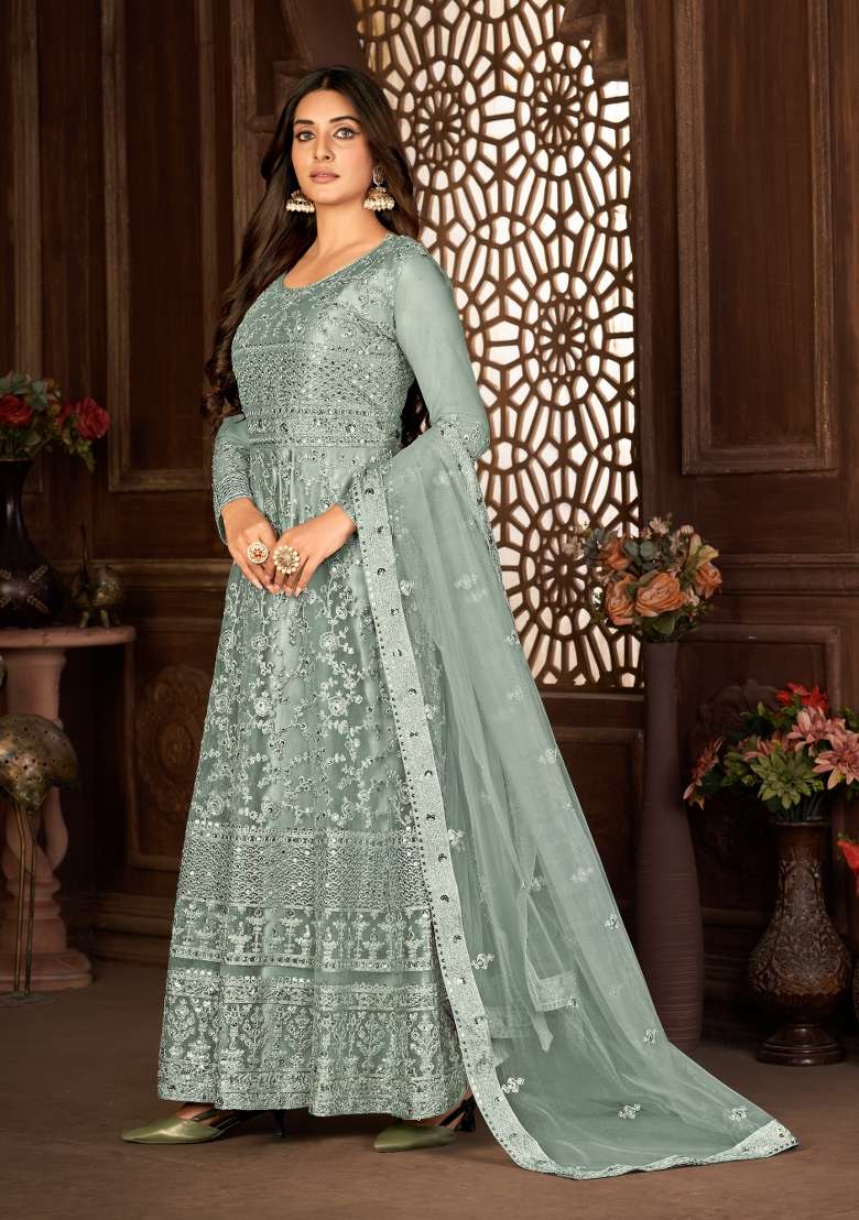 Grey Embroidered Net Anarkrali Set - Indya