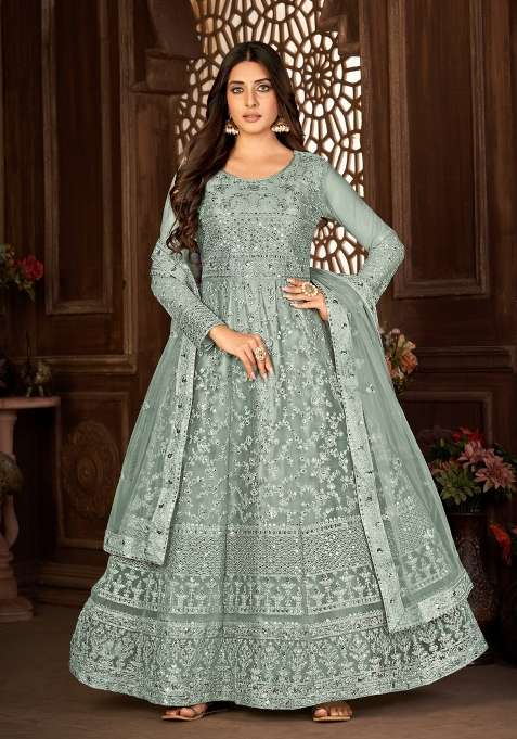 Grey Embroidered Net Anarkrali Set