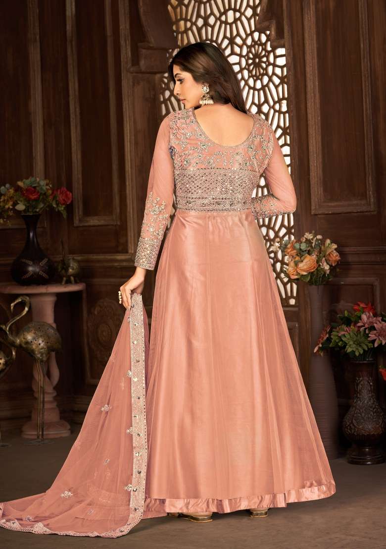 Peach Embroidered Net Anarkrali Set - Indya