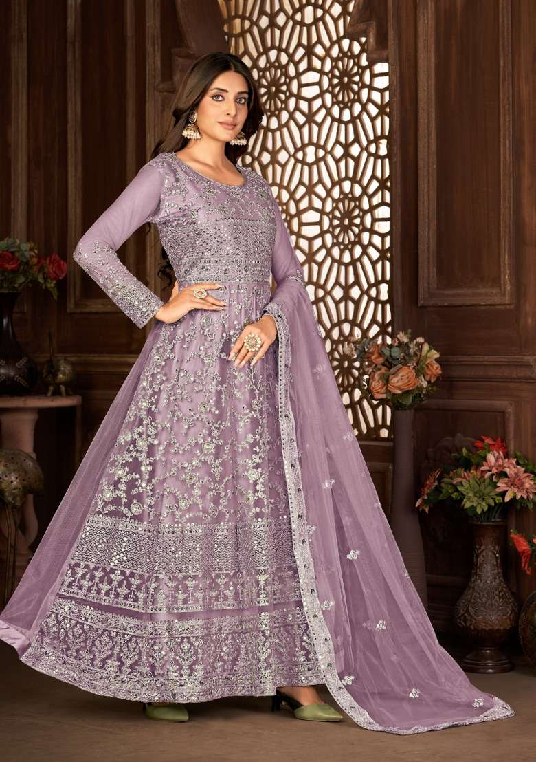 Purple Embroidered Net Anarkrali Set - Indya