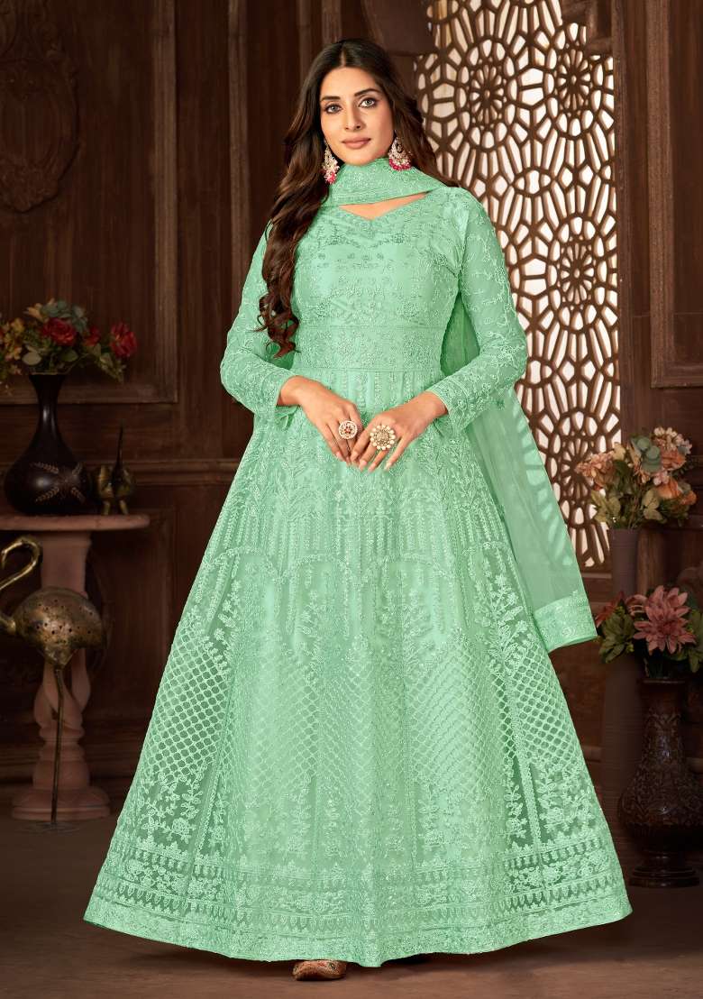 Green Embroidered Net Anarkrali Set - Indya