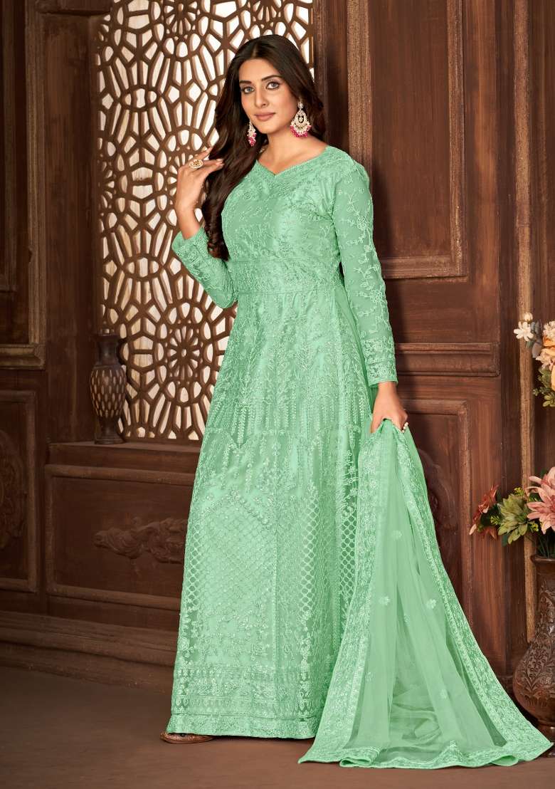 Green Embroidered Net Anarkrali Set - Indya