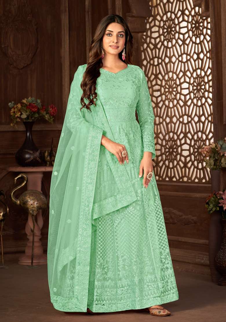 Green Embroidered Net Anarkrali Set - Indya