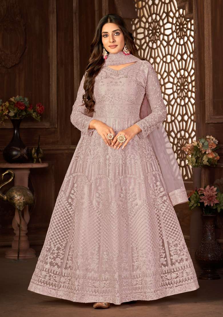 Dusty Purple Embroidered Net Anarkrali Set - Indya