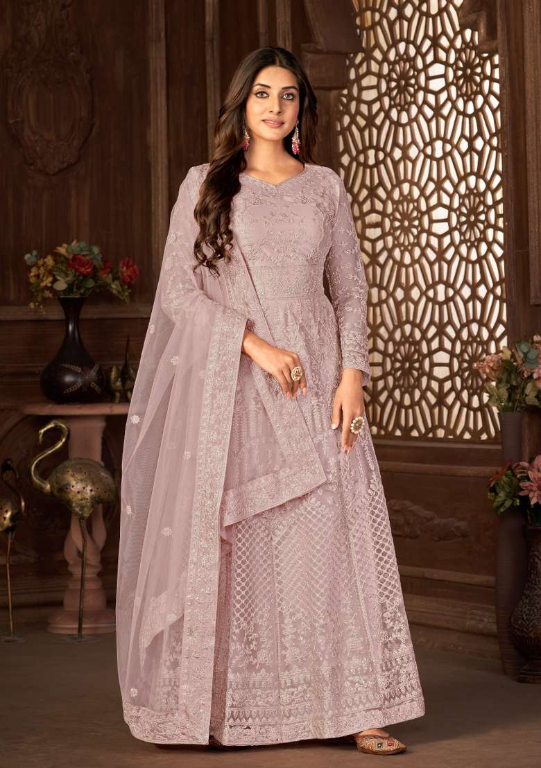 Dusty Purple Embroidered Net Anarkrali Set - Indya