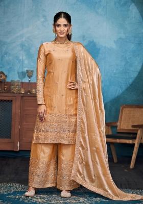 Golden Embroidered Silk Palazzo Set