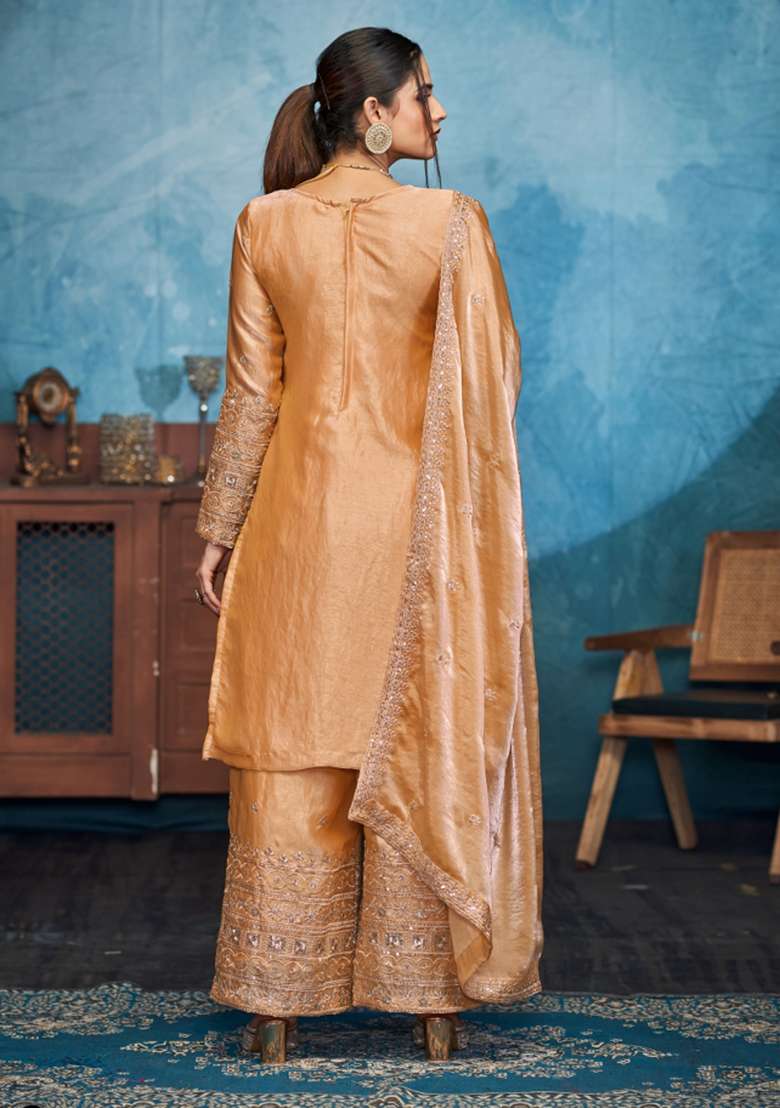 Golden Embroidered Silk Palazzo Set - Indya