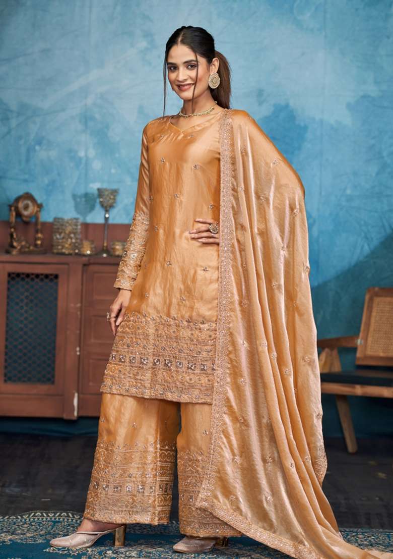 Golden Embroidered Silk Palazzo Set - Indya