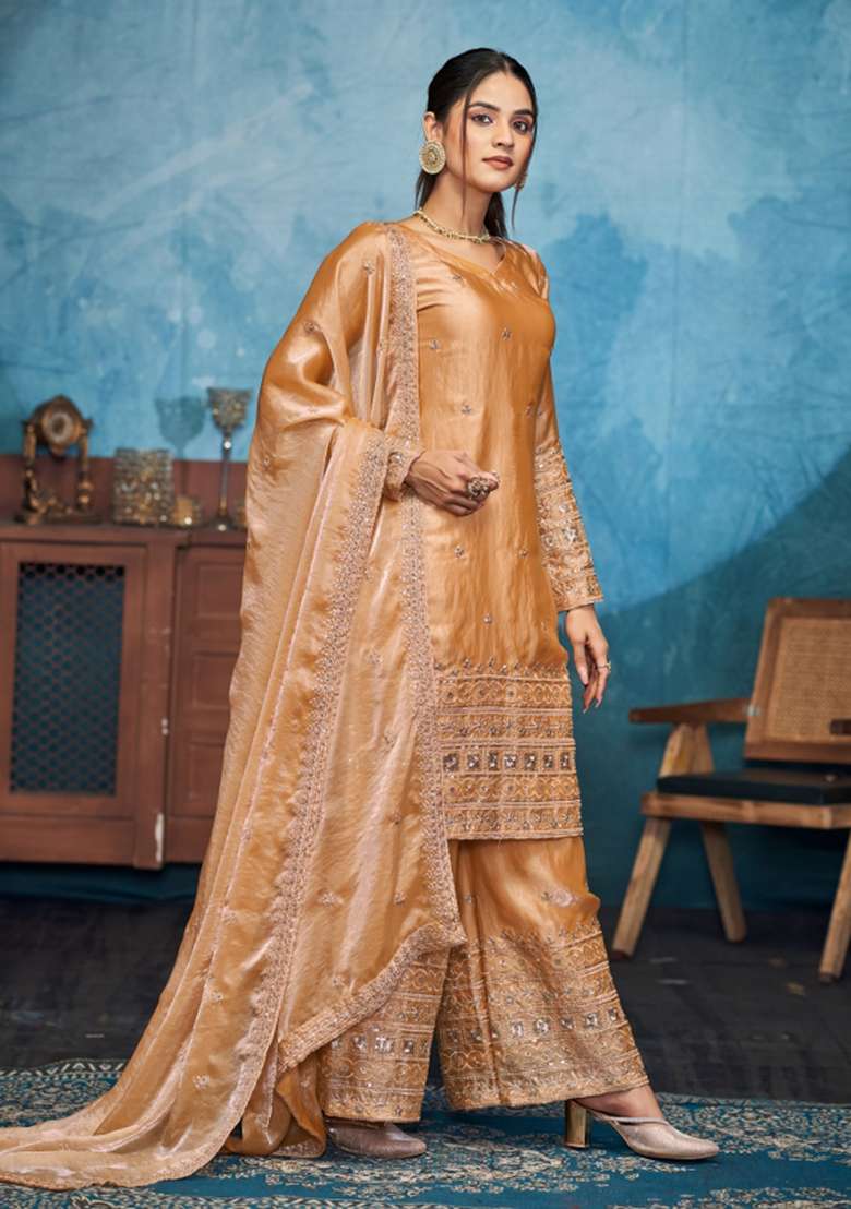 Golden Embroidered Silk Palazzo Set - Indya