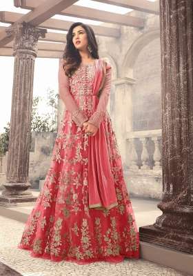 Dark Peach Embroidered Net Anarkrali Set
