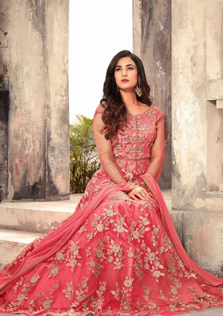 Dark Peach Embroidered Net Anarkrali Set - Indya
