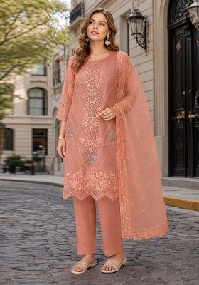 Peach Embroidered Chiffon Salwar Kameez