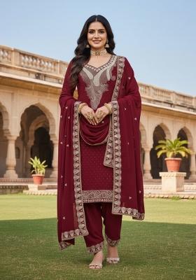 Maroon Embroidered Georgette Kurta Set