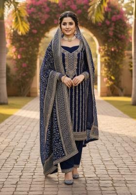 Dark Blue Embroidered Georgette Kurta Set