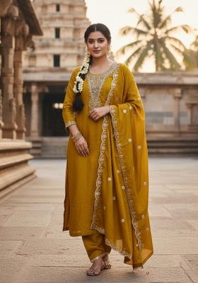 Yellow Embroidered Vichitra Kurta Set