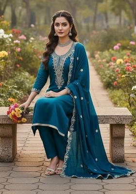 Rama Embroidered Vichitra Kurta Set