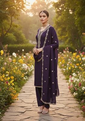 Purple Embroidered Vichitra Kurta Set