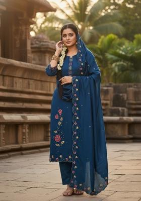 Dark Blue Embroidered Chanderi Kurta Set