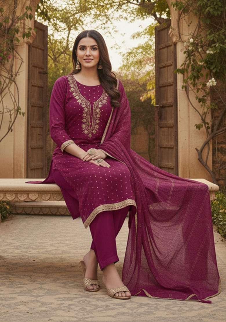 Pink Embroidered Chanderi Kurta Set - Indya