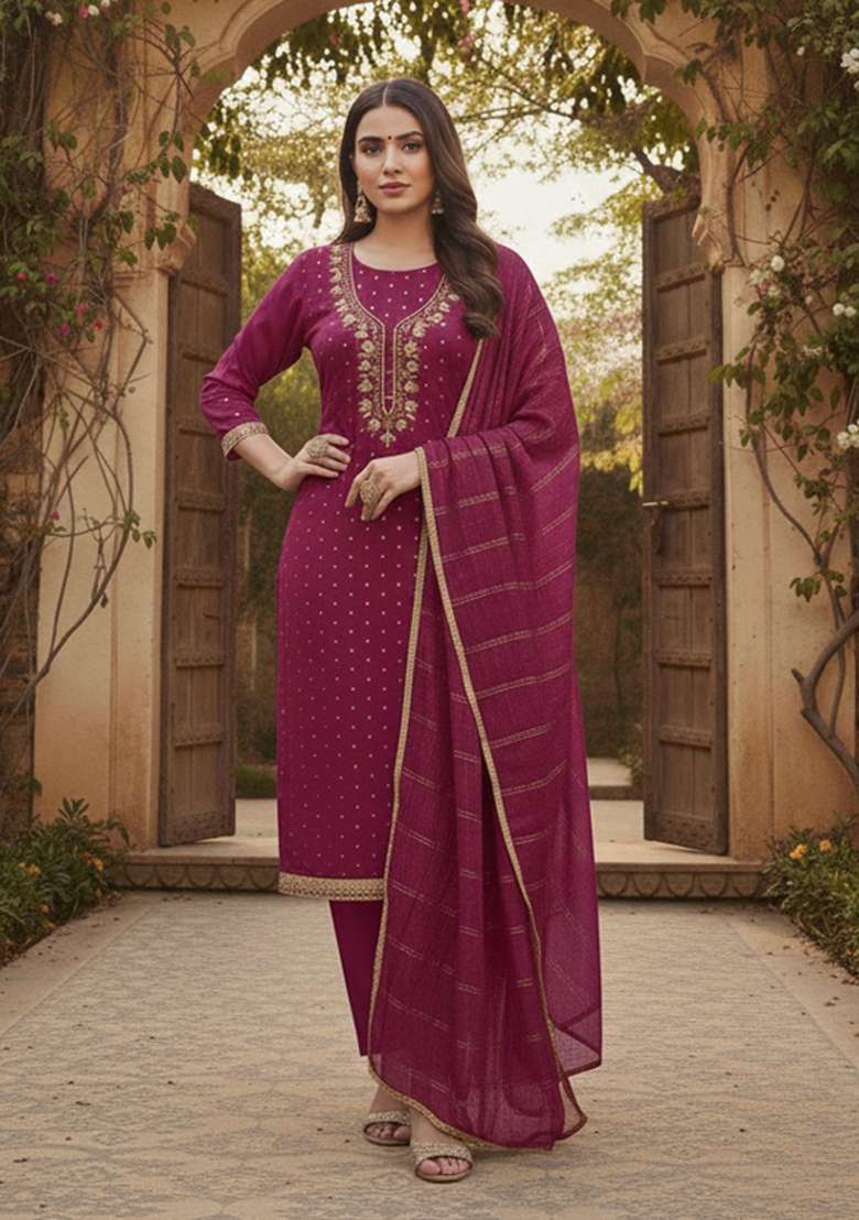 Pink Embroidered Chanderi Kurta Set - Indya