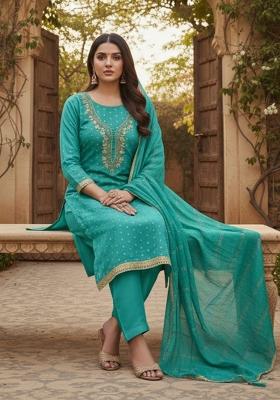 Sky Blue Embroidered Chanderi Kurta Set