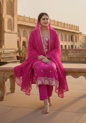 Pink Embroidered Silk Kurta Set