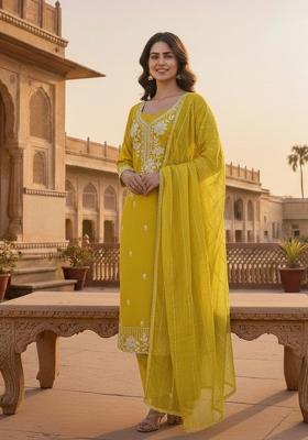 Yellow Embroidered Silk Kurta Set
