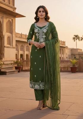 Mehendi Embroidered Silk Kurta Set