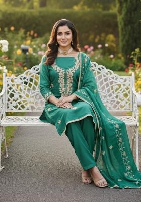 Teal Embroidered Silk Kurta Set