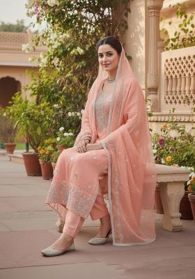 Peach Embroidered Cotton Kurta Set