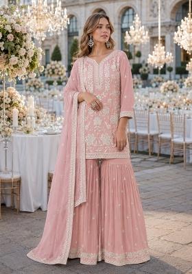 Peach Embroidered Chiffon Salwar Kameez