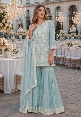 Blue Embroidered Chiffon Salwar Kameez