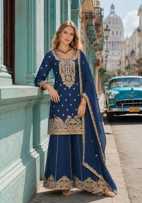 Teal Blue Embroidered Silk Salwar Kameez