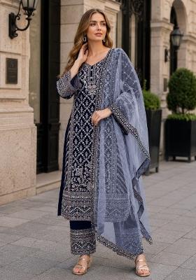 Navy Blue Embroidered Georgette Salwar Kameez