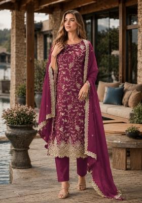 Maroon Embroidered Silk Salwar Kameez