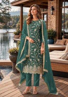 Teal Embroidered Silk Salwar Kameez