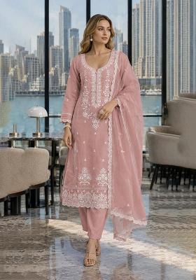 Peach Embroidered Cotton Salwar Kameez