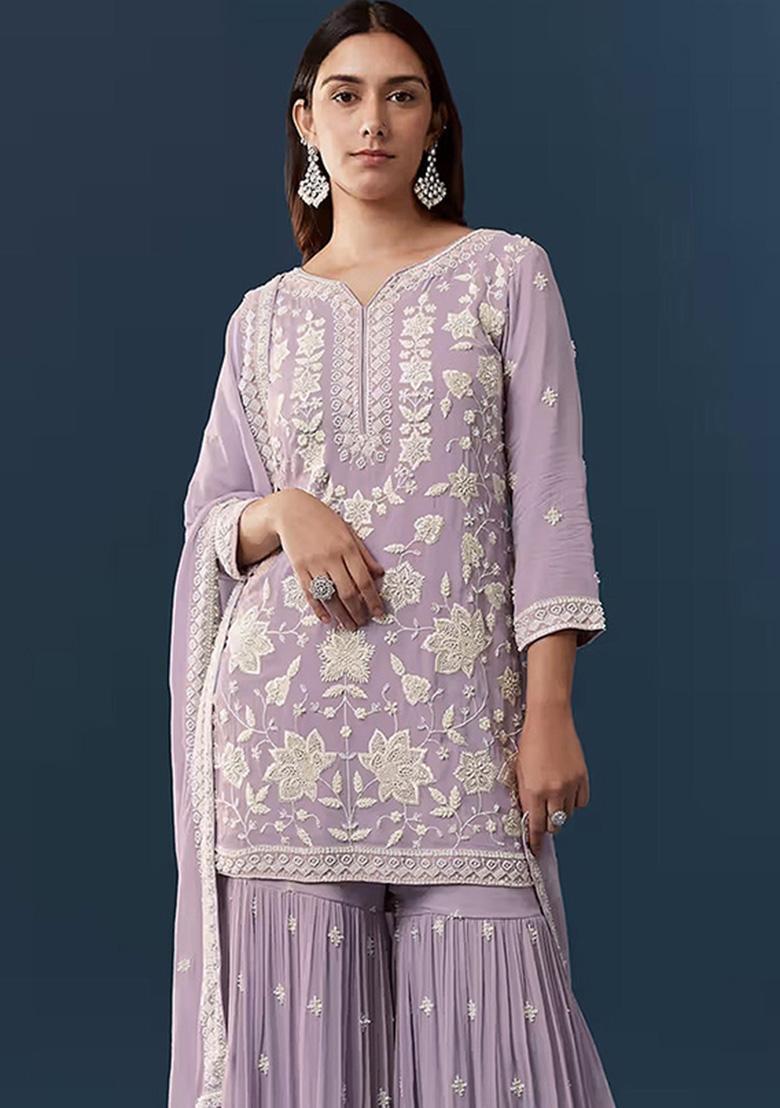 Lavender Embroidered Chiffon Kurta Set - Indya