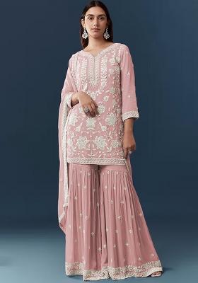 Peach Embroidered Chiffon Kurta Set