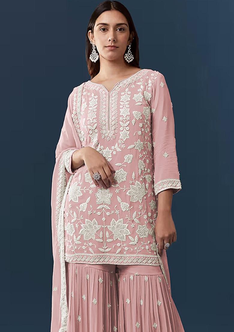 Peach Embroidered Chiffon Kurta Set - Indya