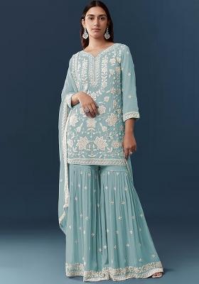 Blue Embroidered Chiffon Kurta Set