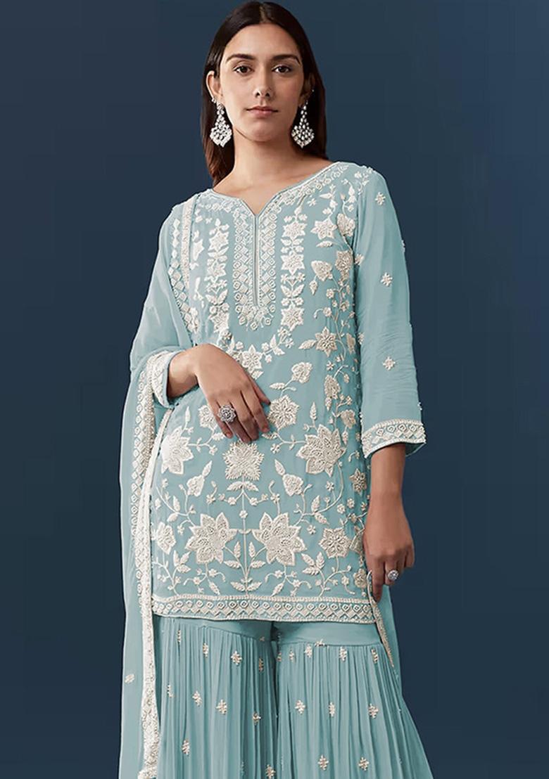 Blue Embroidered Chiffon Kurta Set - Indya