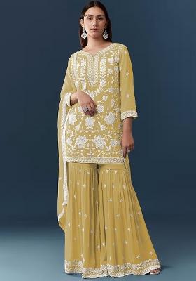 Yellow Embroidered Chiffon Kurta Set