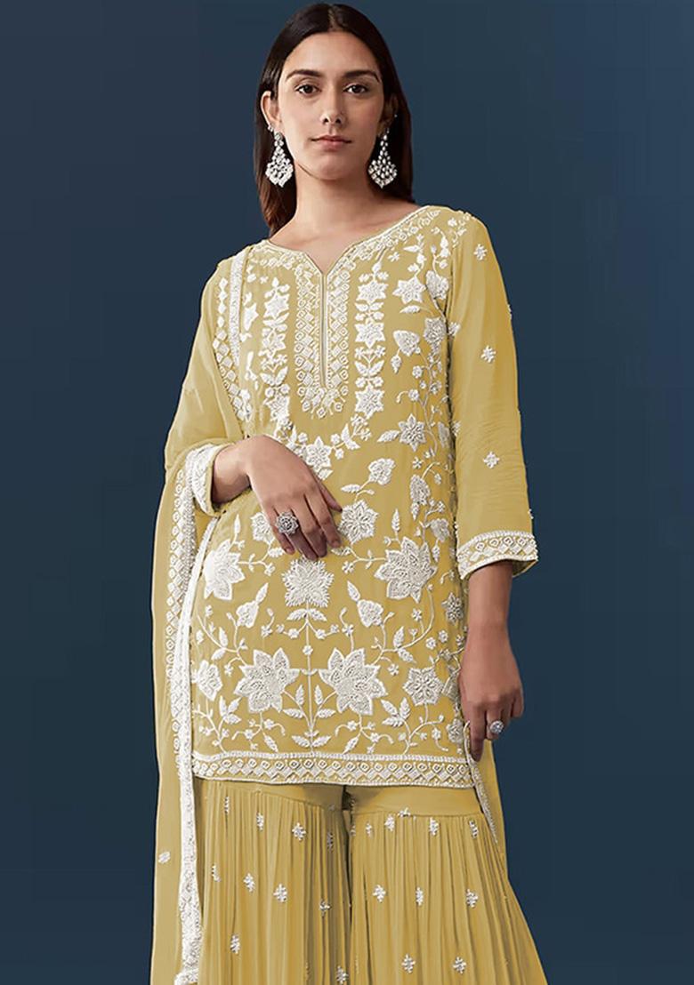 Yellow Embroidered Chiffon Kurta Set - Indya