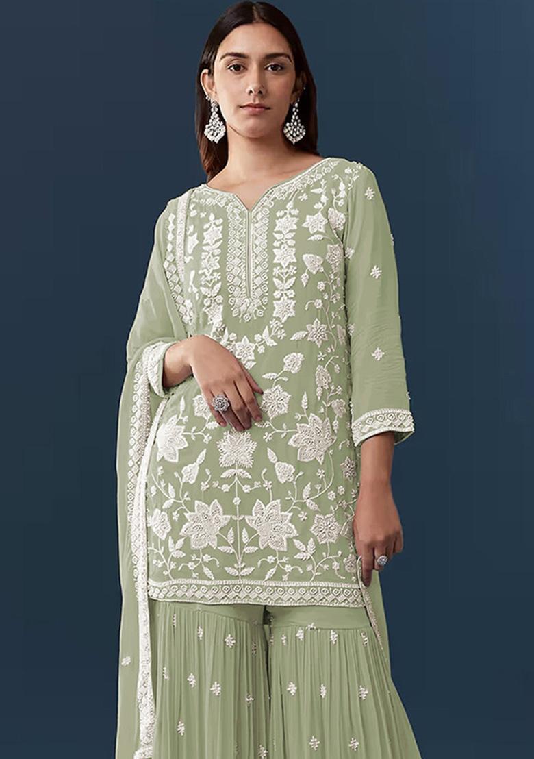 Green Embroidered Chiffon Kurta Set - Indya