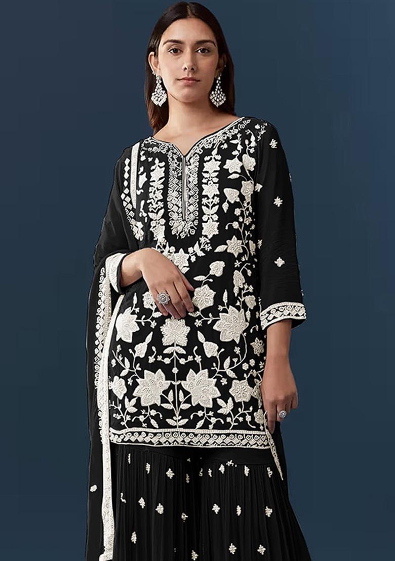 Black Embroidered Chiffon Kurta Set - Indya