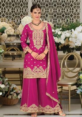 Rani Pink Embroidered Silk Kurta Set