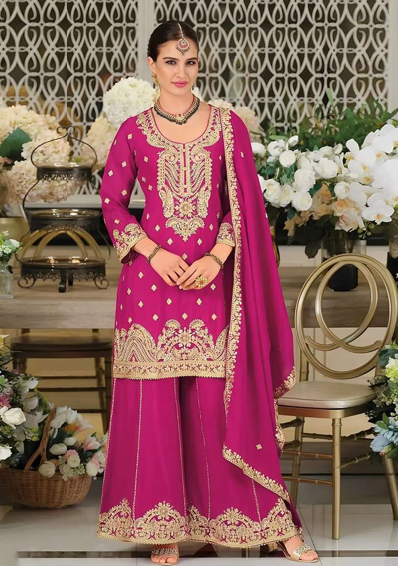 Rani Pink Embroidered Silk Kurta Set - Indya