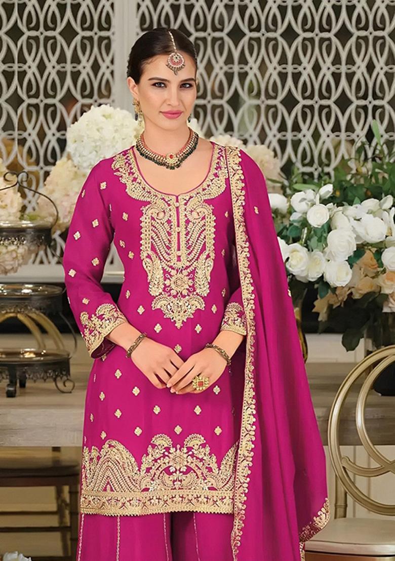 Rani Pink Embroidered Silk Kurta Set - Indya