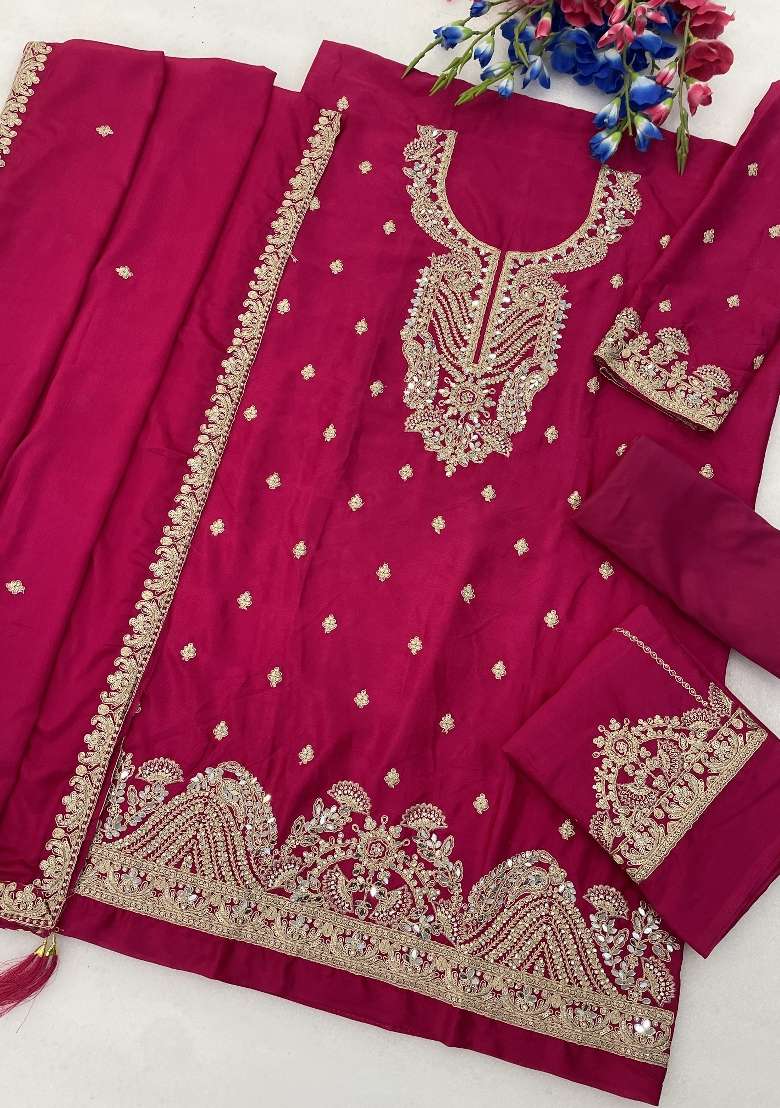 Rani Pink Embroidered Silk Kurta Set - Indya